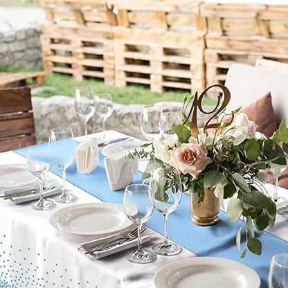 8Pack Disposable Plastic Tablecloths and Satin Table Runner Set White and Light Blue Dot Tablecloth Light Blue Satin Table Runner for Wedding Birthday Baby Shower Engagement Christmas Party Supplies - color: White and Light Blue, size: 8 Pack