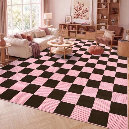 GarveeHome Checkered Brown Pink 5x7 Washable Girls Low-Pile Rug for Bedroom - color: Brown Pink, size: 5' x 7' (Rectangular)