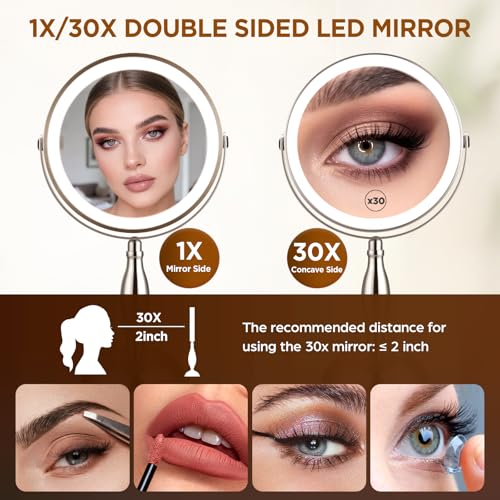 Makeup Mirror with Light - Brushed Nickel, 30x Makeup Mirror with 3 Colors - color: Brushed Nickel