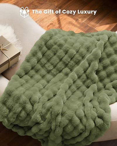 Ultra Soft Cozy Faux Fur Throw Blanket, Fuzzy Plush Thick Bubble Blanket, Oversize Luxury Fluffy Blanket for Couch, Sofa, Bedroom, and Living Room,50x60 Inches,Green - color: Green, size: Throw(50" X 60")