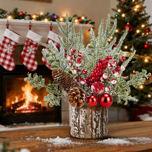 Christmas Centerpieces for Tables – Tabletop Christmas Decorations with Pine, Cones & Berries – Indoor Holiday Decors for Home, Office, Kitchen or Fireplace Mantel