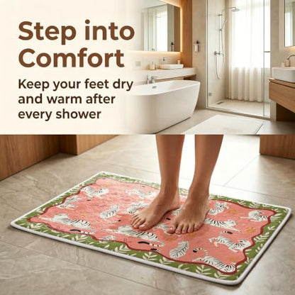 Boho Tiger Bathroom Mat,Pink Green Chinoiserie Kitchen Mat,Soft Non-Slip Tiger Decorative Mats Rug for Bathroom Dressing Table Shower Tub Kitchen Entry Door,24x16Inch