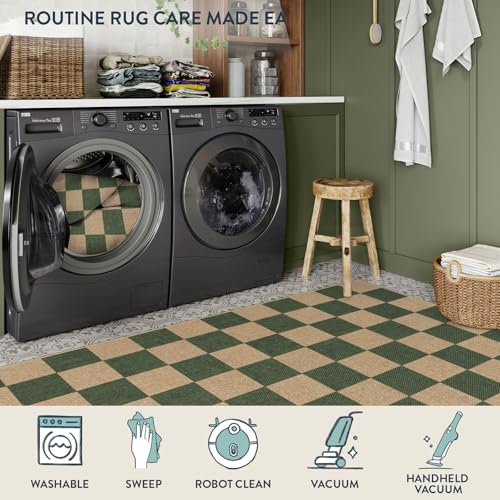 Lahome Checkered Easy Jute Kitchen Runner Rug, 2x8 Outdoor Rugs Washable - color: Deep Green/Nature-1, size: 2'6" x 8' (Runner)