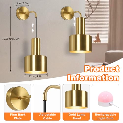 VerRon Rechargeable Wireless Battery Operated Wall Sconces Set of Two - color: Gold & Gold, size: Rechargeable Battery Powered