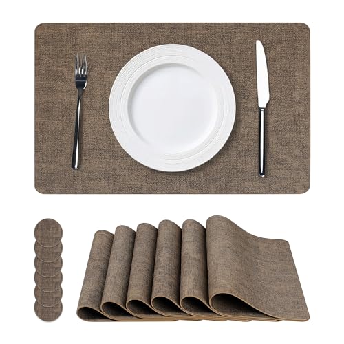 NCUE Vinyl Placemats Set of 6, 17"x12" Wipeable Place Mats with Coasters - color: Dark Coffee, size: Set of 6