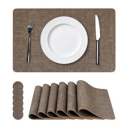 NCUE Vinyl Placemats Set of 6, 17"x12" Wipeable Place Mats with Coasters - color: Dark Coffee, size: Set of 6