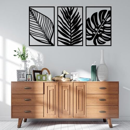 Resama 3 Pack Black Metal Monstera Palm Leaf Wall Decor - color: Black