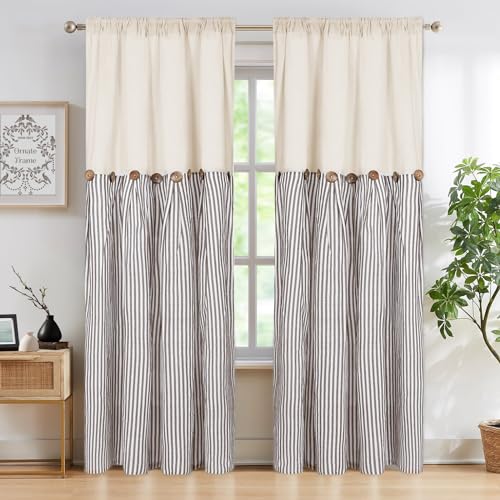 ASPMIZ Cotton Linen Farmhouse Curtains Boho Rustic Button Panel, Country Window Curtain & Drapes, Brown Stripe Modern Curtains for Living Room, Back Tab & Rod Pocket Curtain 52 x 84 Inch, 2 Panels - color: Beige&brown, size: 52"W x 84"L (Pack of 2)
