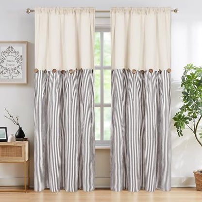 ASPMIZ Cotton Linen Farmhouse Curtains Boho Rustic Button Panel, Country Window Curtain & Drapes, Brown Stripe Modern Curtains for Living Room, Back Tab & Rod Pocket Curtain 52 x 84 Inch, 2 Panels - color: Beige&brown, size: 52"W x 84"L (Pack of 2)