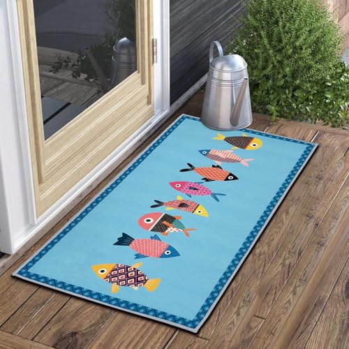 Mat for Front Back Door Welcome Entrance Rug Outdoor Summer Doormat 17"x30" | Fish floor mat, entry matt, low profile, non-slip backing, durable, housewarming gift, for living room kitchen porch hallway - color: Fish