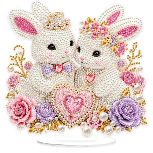 Yunzlly Stand Up Diamond Art Painting Kit, Desktop Gem Painting Ornament Kit for Adults, Tabletop Acrylic Diamond Board Painting (Rabbits) - color: Rabbits