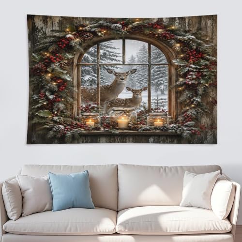 Bgdfhk Christmas Deer Window Scene Decorative Wall Tapestry 60"x90", Soft Polyester Lightweight Tapestry Blanket for Bedroom Living Room Dorm Apartment Home Decor - color: Christmas Deer Window Scene, size: 90"L x 60"W