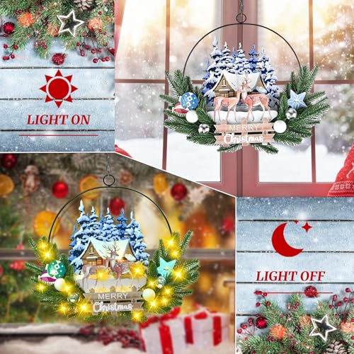Pre-Lit Christmas Wreath for Front Door, Lighted Deer with 6H On/18H Off - color: Deer-warm White