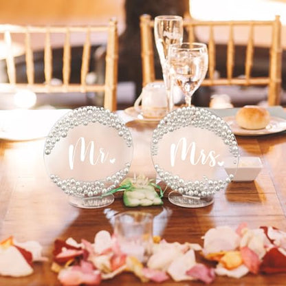 Jingmore 2 Pcs Mr and Mrs Table Sign 6 Inch Pearl Acrylic Decor for Wedding