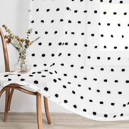 MYSKY HOME Black Pom Pom Sheer Curtains for Bedroom 45 Inch Long 2 Panels - color: Black Pom Pom, size: 50"W x 45"L (Pack of 2)