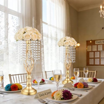 Gold Crystal Tall Vase Centerpiece Stand, Elegant Gold Flower Holder for Wedding Table Centerpieces, Perfect Wedding Reception Table Decor, Bases para Centros de Mesa, Centros de Mesa(12Pack) - size: 12Pack