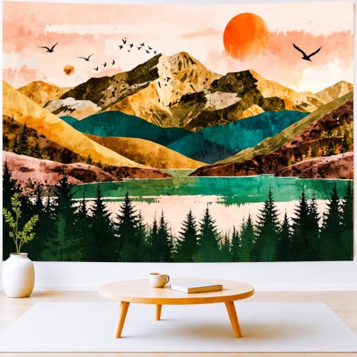 Delur Mountain Tapestry Boho Sunset Nature Forest Tree Tapestry Wall Hanging Sunrise River Lake Landscape Psychedelic Headboard for Bedroom Living Room Home Decor (59.1" x 78.7") - color: Sunset Mountain, size: 59.1"L x 78.7"W
