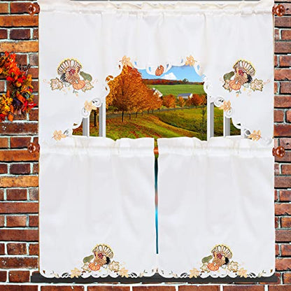 Simhomsen Fall Autumn Embroidered Turkey Kitchen Window Curtain Swag and Tiers Set for Thanksgiving Holiday (Turkeys) - color: Turkeys