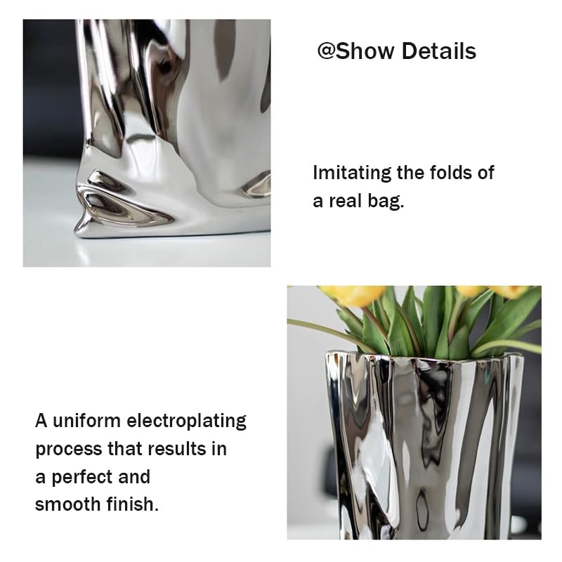 Ceramic Flower Vase, Crinkle Paper Shape, Silver Metal, Decorative Home Accent (Small) - size: Small
