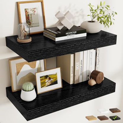 24 Inch Long Floating Shelves for Wall Set of 2, 12"D Wood Grain Shelves - color: Black, size: 24"Wx12"Dx2"H, 2P