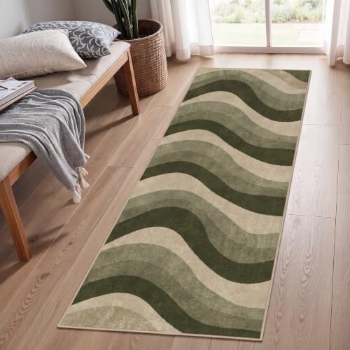 2X6 Olive Green and Beige Abstract Wave Area Rug for Living Room - color: Olive Green/Beige, size: 2' x 6' (Rectangular)