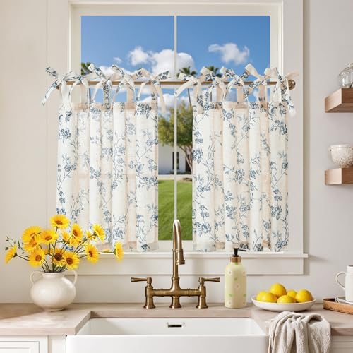 jinchan Blue Floral Kitchen Tier Curtains Alisa 24 Inches Tie Top 2 Panles - color: Alisa Blue on Linen, size: 26"W x 24"L (Pack of 2)