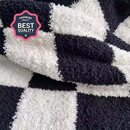Ultra Soft Checkered Blanket Cozy Buffalo Check Throw Fluffy Knitted Reversible Throw Blanket Lightweight Fleece Checkerboard Grid Blanket for Sofa Couch Bed Travel, Classic Black, 51''x63'' - color: Classic Black