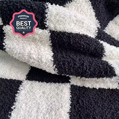 Ultra Soft Checkered Blanket Cozy Buffalo Check Throw Fluffy Knitted Reversible Throw Blanket Lightweight Fleece Checkerboard Grid Blanket for Sofa Couch Bed Travel, Classic Black, 51''x63'' - color: Classic Black