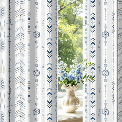 Boho Blue and White Geometric Striped Blackout Curtains for Living Room Bedroom 63 Inch Length 2 Panel Set, Western Room Darkening Patterned Grommet Window Drapes - color: Blue Stripe, size: 52"W x 63"L (Pack of 2)