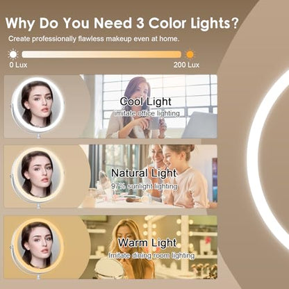 DEIOVWXS Makeup Mirror, Rechargeable Vanity Mirror with 3 Lights, 1X/10X - color: White