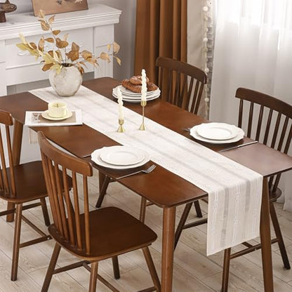 Boho Beige Table Runner 12×120 Long White Stripe Boho Fall Decor - color: White Stripes