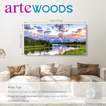 Grand Teton Canvas Wall Art Oxbow Bend Mountain River Pictures, 29"x58" - color: National Park, size: 58"L x 29"W