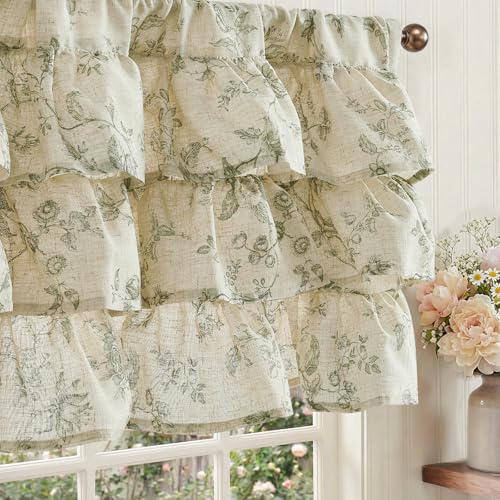 jinchan Amlie Ruffled Floral Valance Curtain 1 Panel 18 Inch Green on Linen - color: Amlie Sage Green on Linen