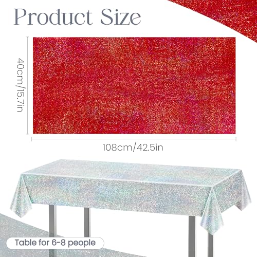 Red & Silver Carnival Laser Tablecloth 40" x 108" Shining Christmas Holiday Holographic Table Cloth Birthday Graduation Party Table Cover Plastic Foil Party Supplies For Anniversary Baby Shower - color: Red & Silver