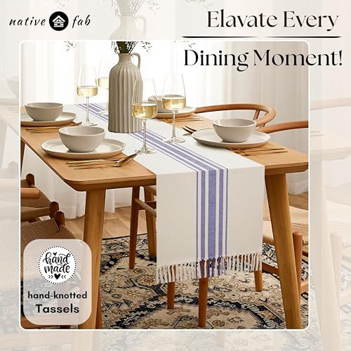 Native Fab Blue Stripe Table Runner - 108 Inches Long Boho Table Covers with Tassels - 100% Cotton, Tight Weave, Non-Slip Tablerunner for Dining, Kitchen, Dresser, Wedding, 14"x108" - Blue and White - color: Blue White, size: 14x108