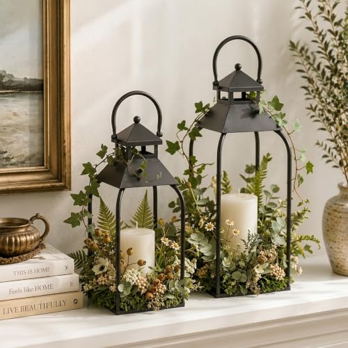16" 12" Farmhouse Metal Lanterns, Arched Handle Candle Holder for Fireplace