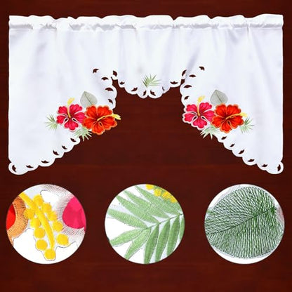 Simhomsen Embroidered Tropical Palm Leaves and Hibiscus Flower Kitchen Window Curtain Swag and Tiers Set for Hawaiian Luau Party, Paradise Jungle Beach Themed Party (Tropical) - color: Tropical