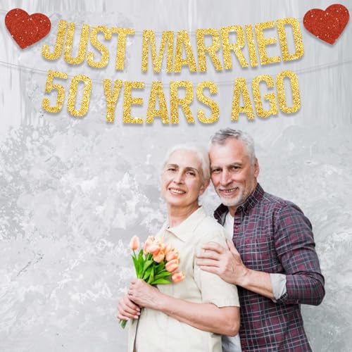Gold Glitter Just Married 50 Years Ago Banner,NO DIY,Pre-Strung 50th Wedding Anniversary Party Decorations 50 Years Blessed & Loved Garland Sign We Still Do 50th Party Supplies - color: 50gold