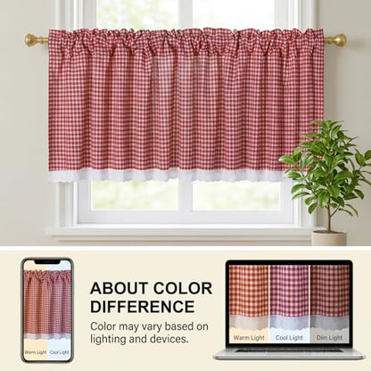 Farmhouse Valance Curtains, Cotton Kitchen Valance Rustic Style Window Valance Half Curtain for Living Room Bathroom Cafe, Rod Pocket, Red White Gingham Plaid, 59 X 20 Inch - color: Red White Gingham Plaid, size: 59"W x 20"L (Pack of 1)