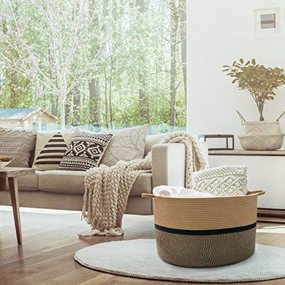 CHICVITA XXL Cotton Rope Woven Blanket Basket with Handles, Brown & Black - color: Brown and Black