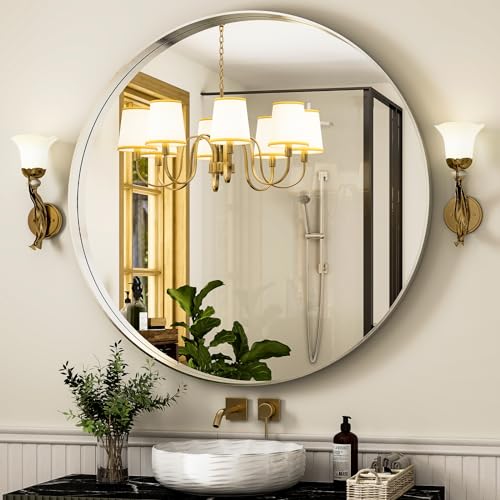 30 Inch Round Bathroom Mirror - Wall Mounted Circle Mirror with Metal Frame, Modern Mirror Suitable for Bathroom, Vanity, Entryway, Living Room, Wall Decor,Silver - color: Silver, size: 30"L x 30"W