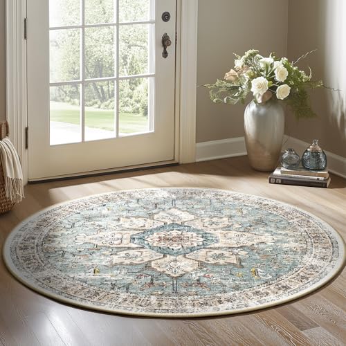 BESTSWEETIE Washable Boho Round 8ft Area Rug for Living Room, Green Brick - color: Green/Brick/Rust Red, size: 8' (Round)
