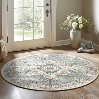 BESTSWEETIE Washable Boho Round 8ft Area Rug for Living Room, Green Brick - color: Green/Brick/Rust Red, size: 8' (Round)