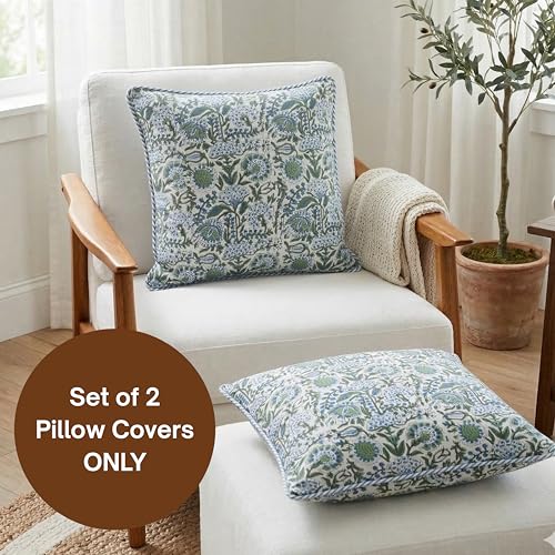 ATOSII Cotton Blockprint Throw Pillow Cover, Clover Blue, Set of 2, 24 x 24 - color: Clover Blue, size: 24" x 24" (Pack of 2)