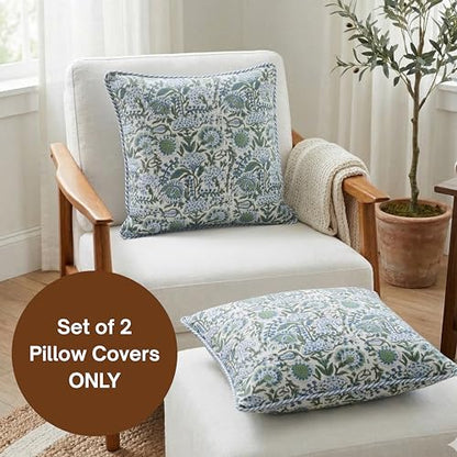 ATOSII Cotton Blockprint Throw Pillow Cover, Clover Blue, Set of 2, 20 X 20 - color: Clover Blue, size: 20" x 20" (Pack of 2)