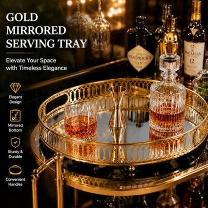 Bar Cart Tray, Round Decorative Mirrored Tray with Handles, Large Capacity Organizer, Gold
