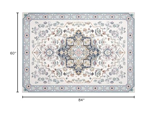 Phantoscope Washable Area Rug 5'x7' Non-Slip, Vintage Boho Rugs for Living Room, Bedroom, Dining Room, Persian Floral Medallion Pattern, Low-Pile Foldable Floor Carpet, Ivory Blue/Garden Bloom - color: Ivory Blue/Garden Bloom, size: 5' x 7' (Rectangular)