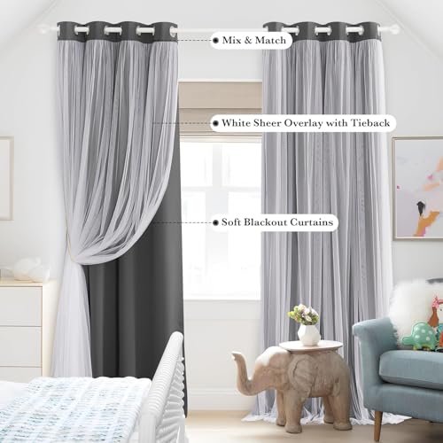 Dark Grey Blackout Curtains with White Sheer Overlay for Girls Bedroom/Drom - color: Grey, size: 52"W x 63"L (Pack of 2)