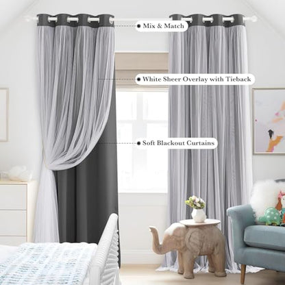 Dark Grey Blackout Curtains with White Sheer Overlay for Girls Bedroom/Drom - color: Grey, size: 52"W x 63"L (Pack of 2)
