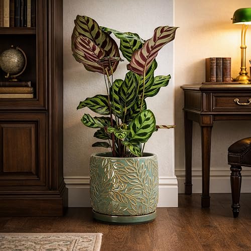 D'vine Dev Embossed Leaves Ceramic Planter, 8 in, Olive, 27-A-Q-0 - color: Olive, size: 8 Inch